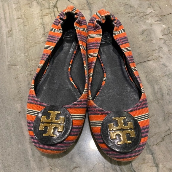 Tory Burch Reva Bauer Stripe Printed Canvas Flats - Picture 3 of 10